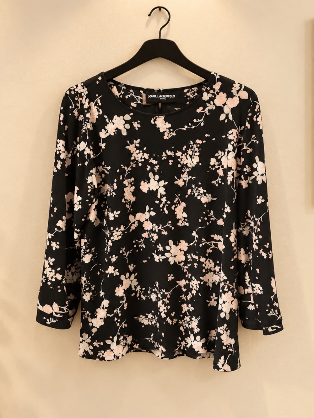 Karl Lagerfeld Black Long-Sleeve Crewneck Top with Light Pink Floral Print
